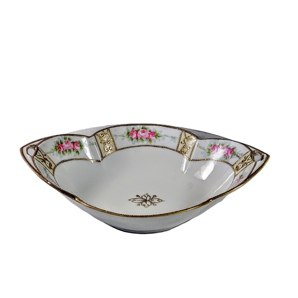 Antique Nippon Porcelain Relish Dish Serving Dish HP Roses Gold Scalloped Edges - Picture 1 of 8
